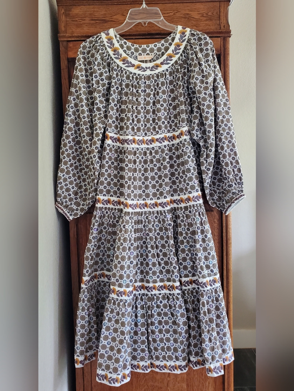 TORY BURCH IVORY BATIK MEDALLION PRINTED PUFF SLEEVE DRESS MEDIUM $598